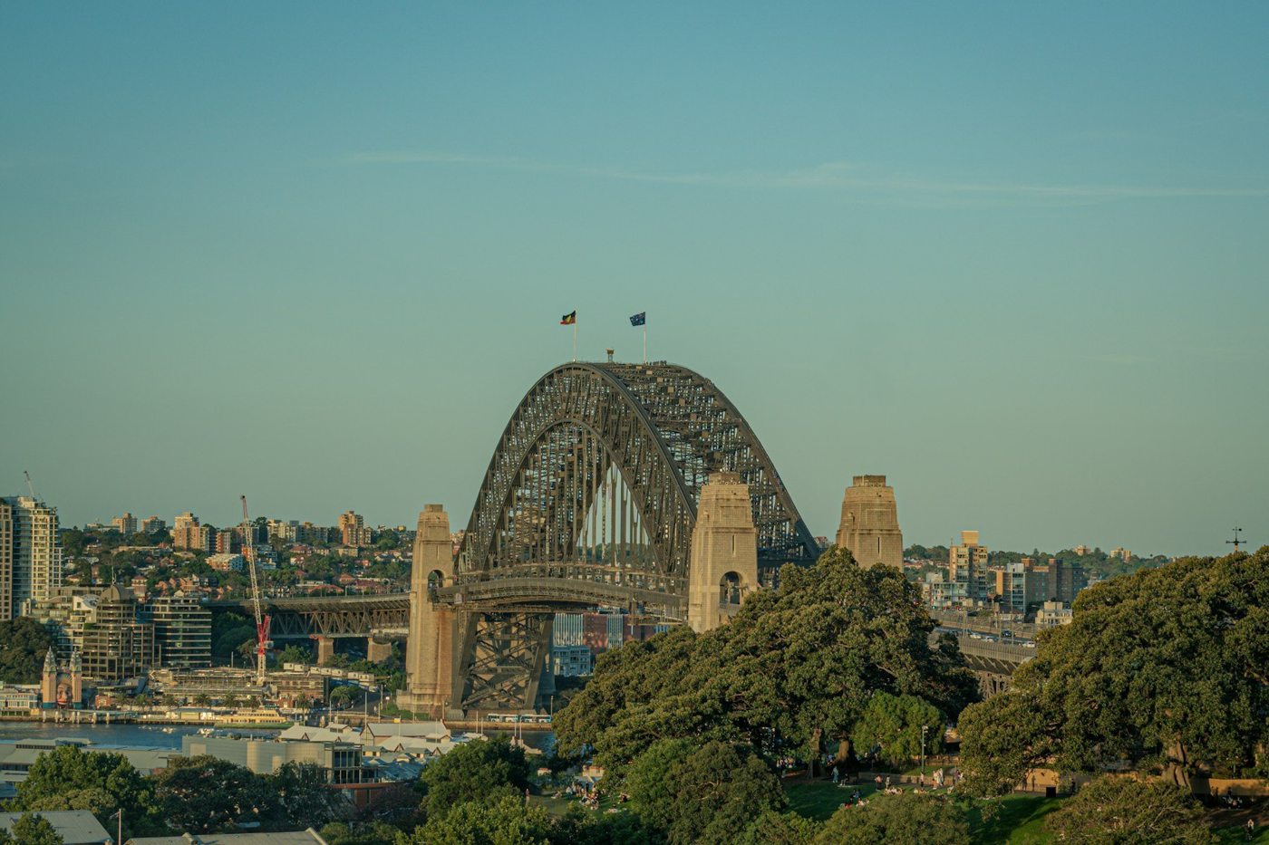 Sydney Harbour Bridge above trees and harbourside neighbourhoods