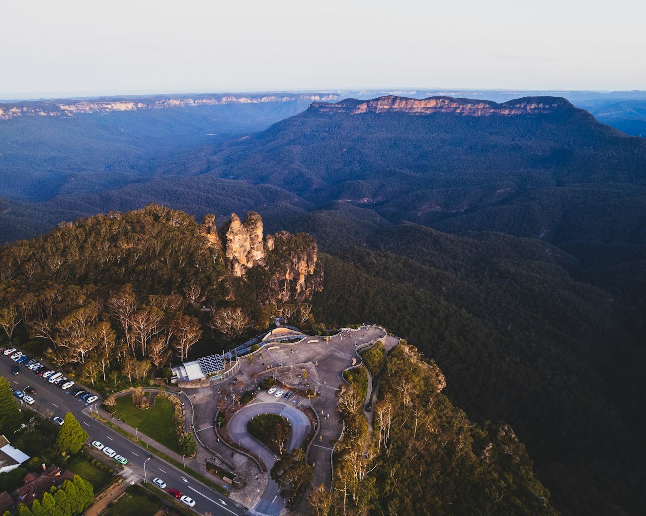 The Three Sisters and forested Blue Mountains valleys from above
