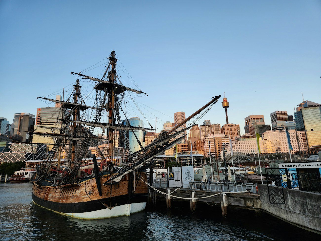 A historic sailing ship moored in Sydney's Darling Harbour
