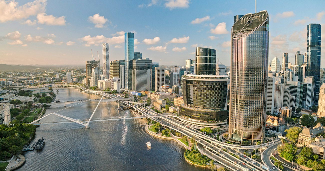 Brisbane River bridges and city buildings from above