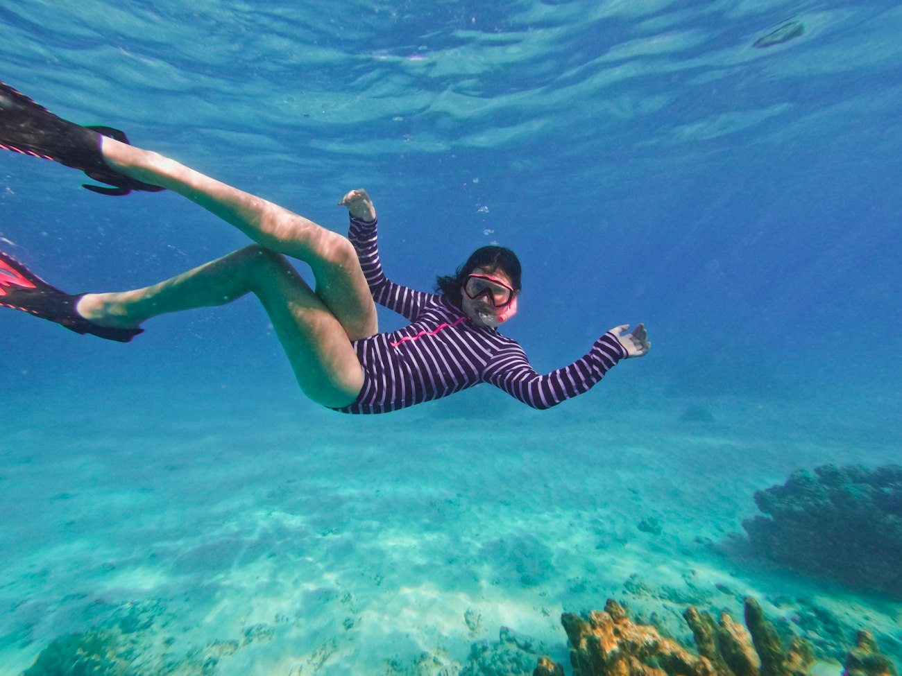 A snorkeller floating above coral at Ningaloo