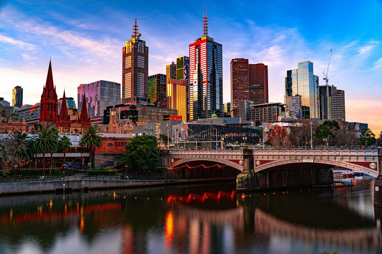 Melbourne's skyline and river in warm evening light